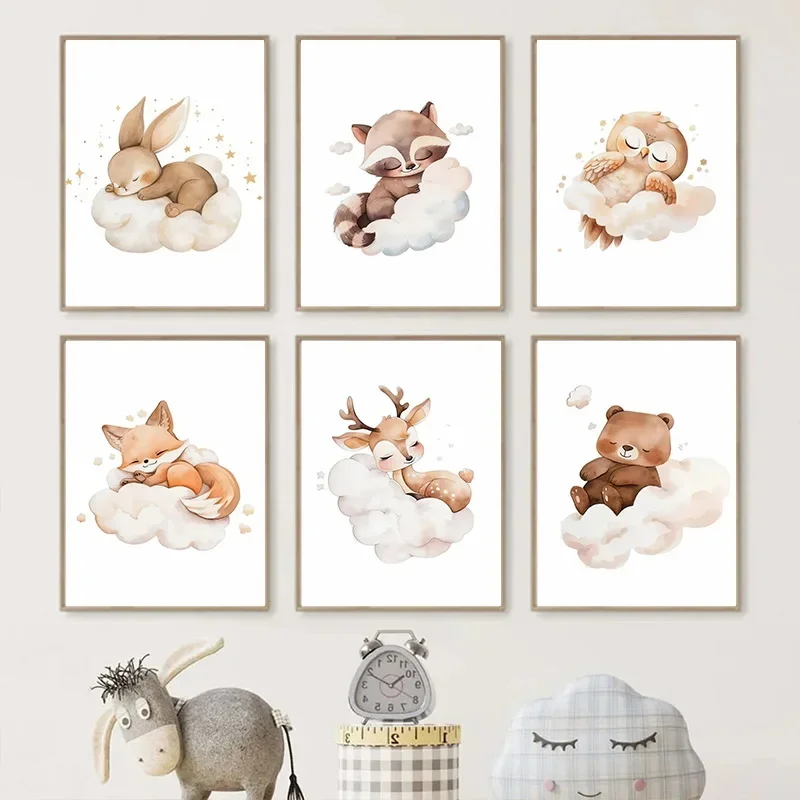 Baby Nursery Picture Frames - Cartoon Cloud Animal Canvas Painting Wall
