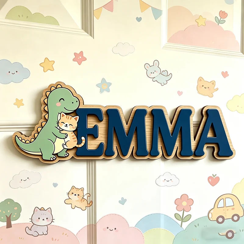 Baby Nursery Name Wall Art - Cute Dinosaur Hugging Cat Custom Name