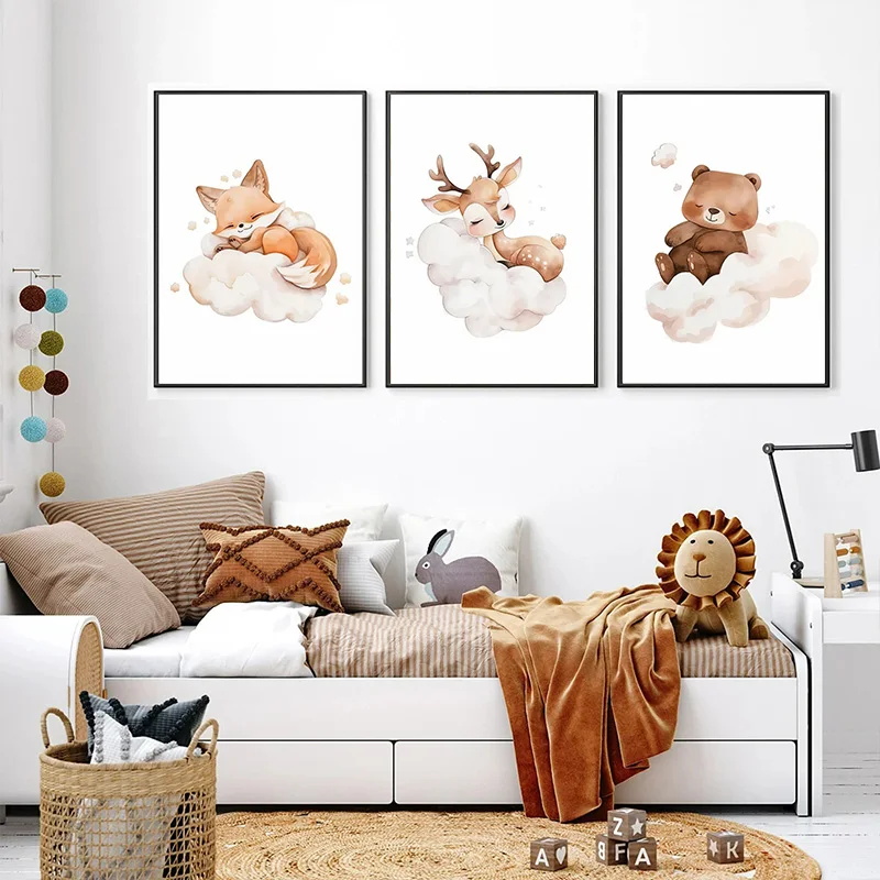 Baby Nursery Picture Frames - Cartoon Cloud Animal Canvas Painting Wall