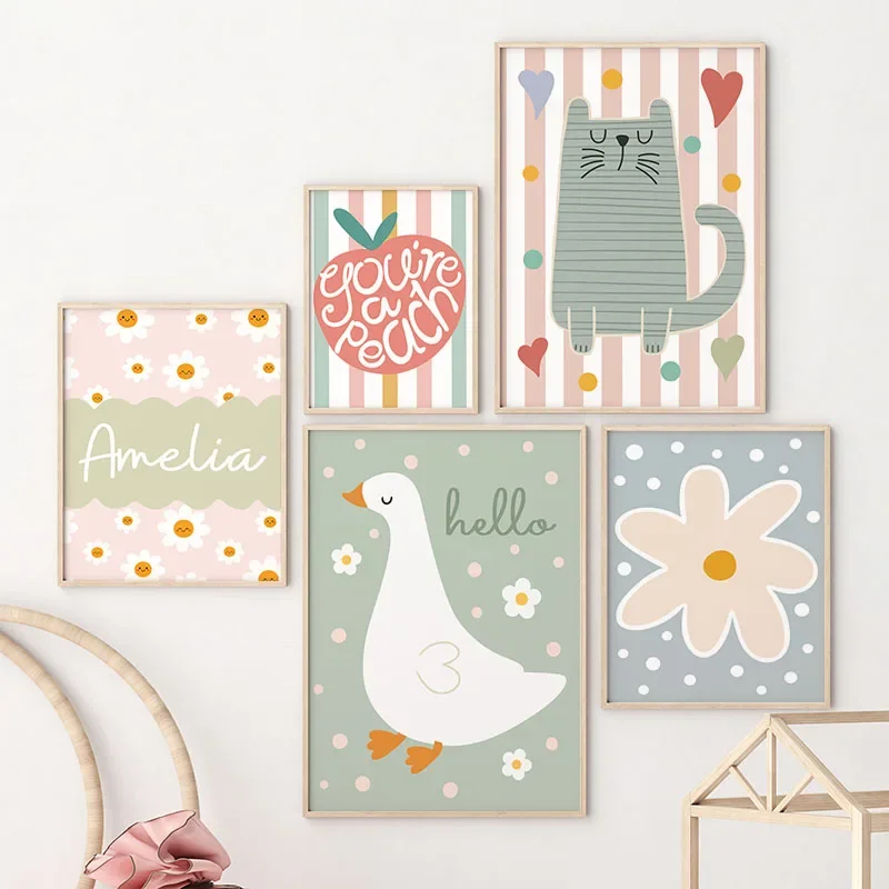 Baby Nursery Name Wall Art - Cartoon Cat Duck Bird Apple Custom