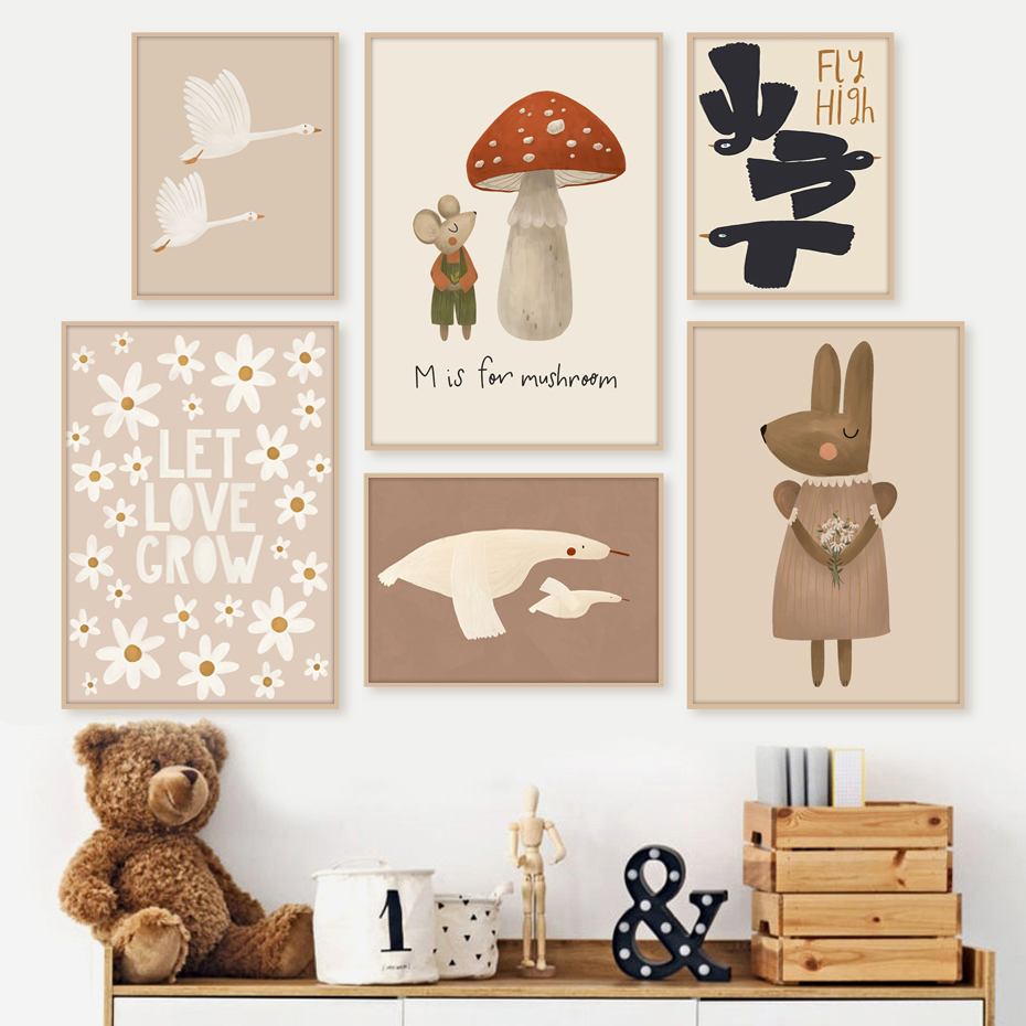Baby Nursery Picture Frames - Boho Cartoon Rabbit Mouse Goose Posters