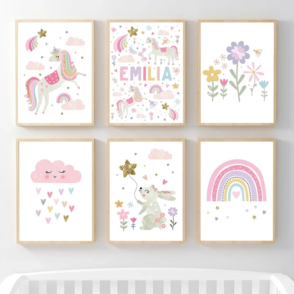 Baby Nursery Name Wall Art - Pink Unicorn Rabbit Rainbow Cloud Flower