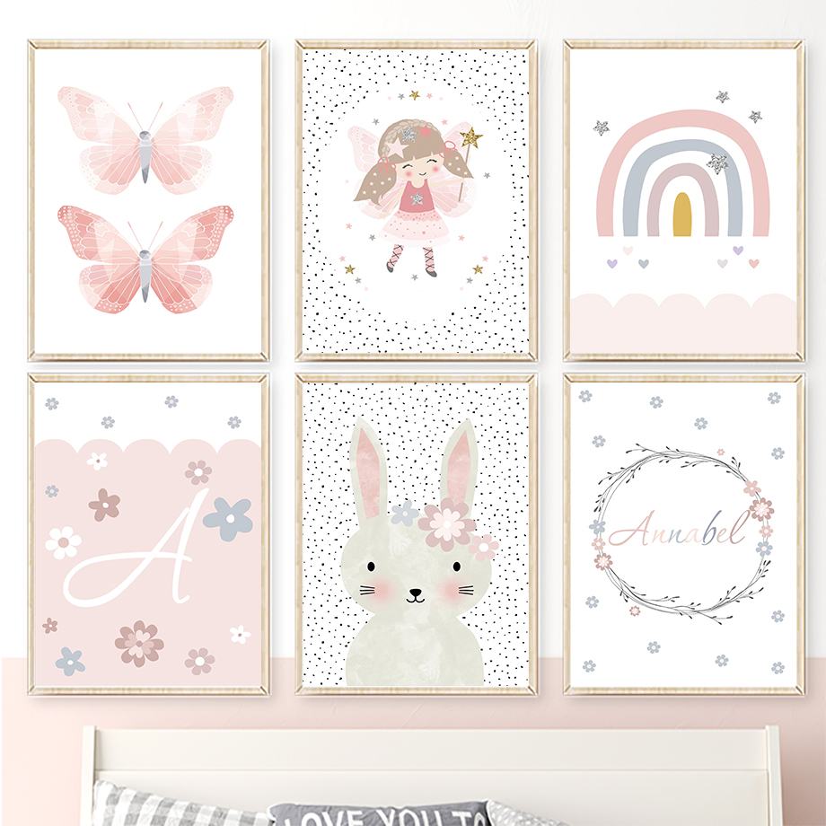 Baby Nursery Room - Cute Girl Rabbit Flower Butterfly Rainbow