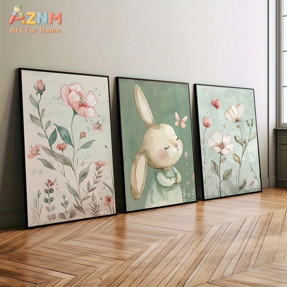 3PCS Cute Bunny and Pink Flowe - Baby Nursery Picture Frames 评论和价格