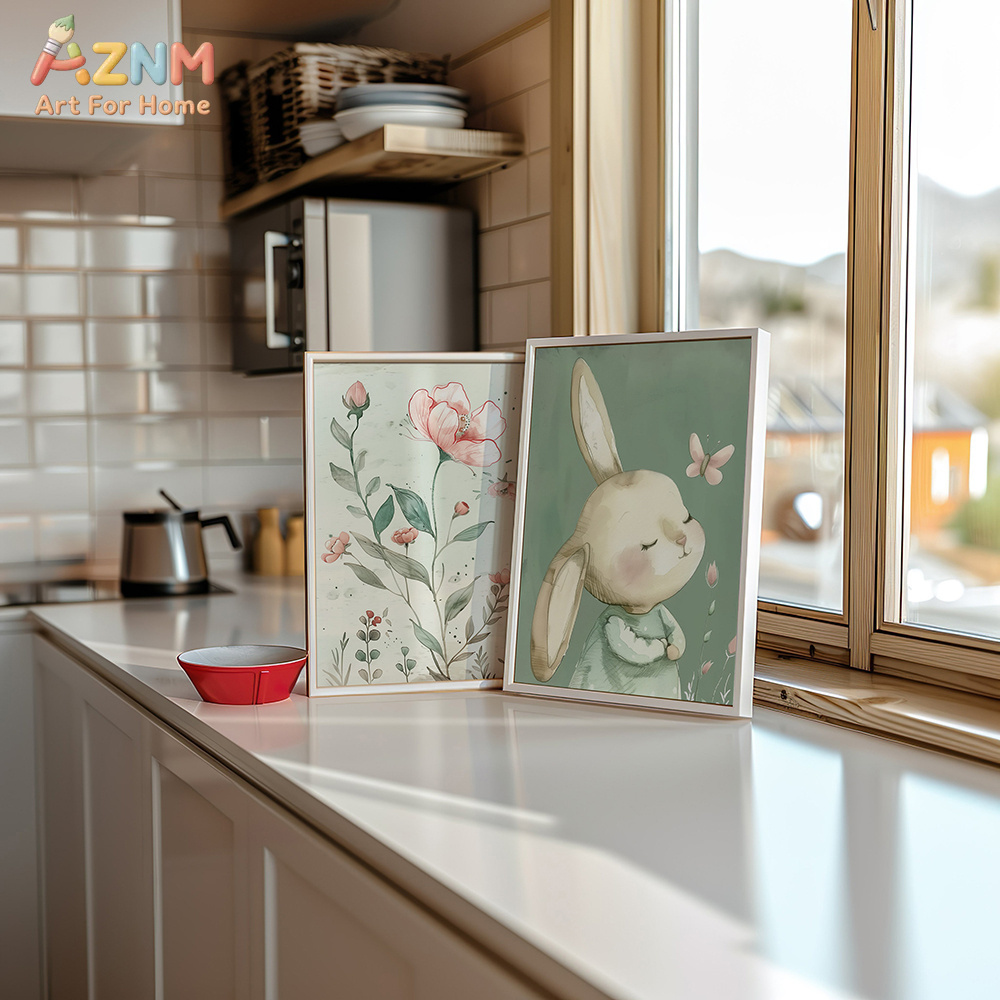 3PCS Cute Bunny and Pink Flowe - Baby Nursery Picture Frames 评论和价格