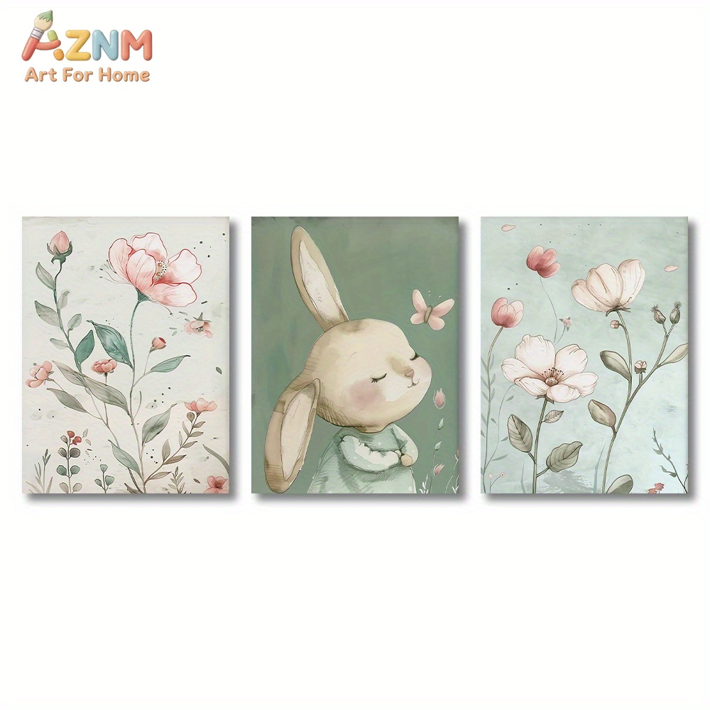 3PCS Cute Bunny and Pink Flowe - Baby Nursery Picture Frames 评论和价格