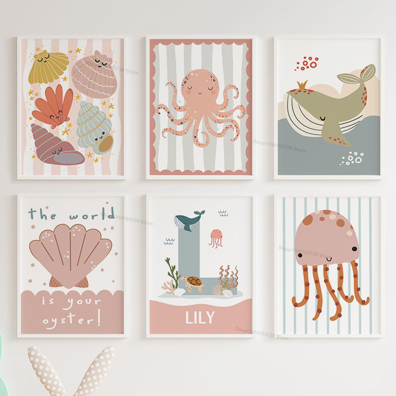 Cartoon Whale Octopus Jellyfis - Baby Nursery Name Wall Art 评论和价格