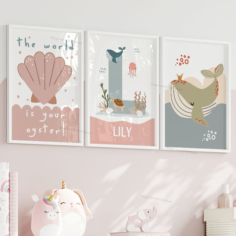 Cartoon Whale Octopus Jellyfis - Baby Nursery Name Wall Art 评论和价格