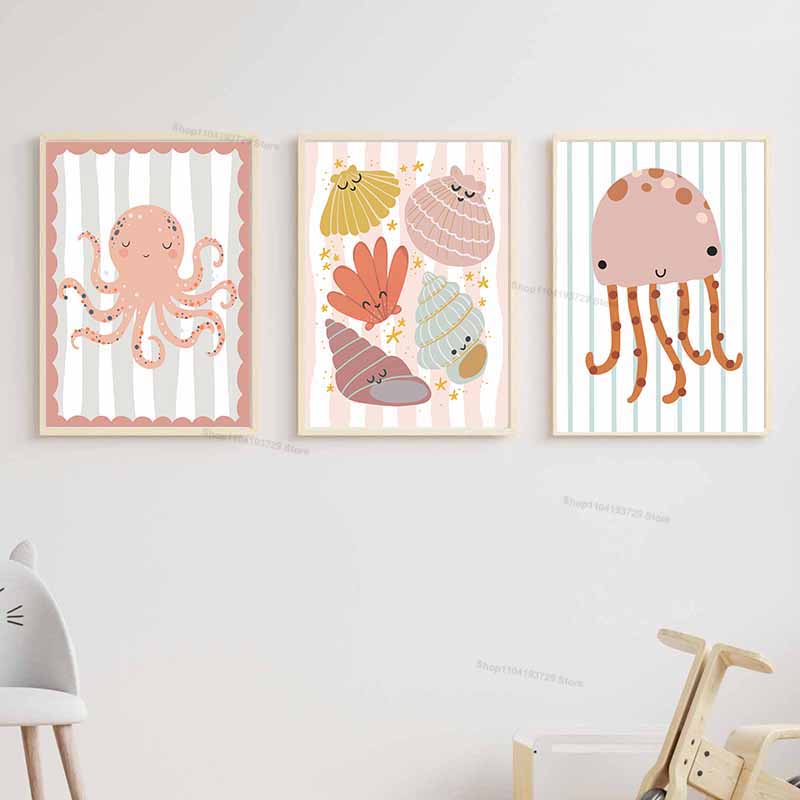 Cartoon Whale Octopus Jellyfis - Baby Nursery Name Wall Art 评论和价格