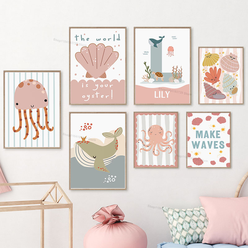Cartoon Whale Octopus Jellyfis - Baby Nursery Name Wall Art 评论和价格