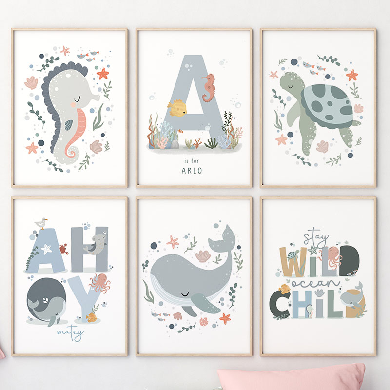 1pc frameless  Marine Life Oct - Baby Nursery Name Wall Art 评论和价格