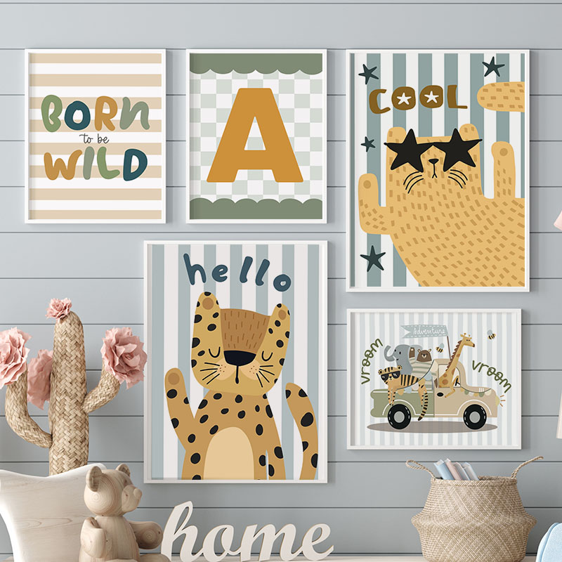 Kawaii Tiger Lion Giraffe Car  - Baby Nursery Name Wall Art 评论和价格